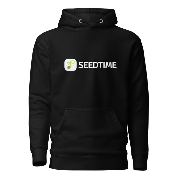 Black hoodie with white Seedtime logo featuring a green plant sprout icon. Comfortable gardening apparel.