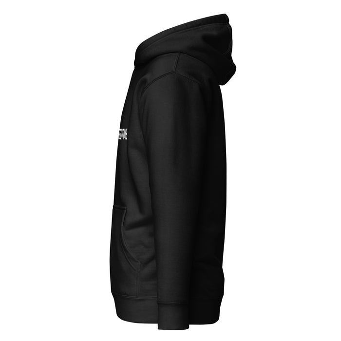 Black pullover hoodie, side view, with white "EDTIME" text on side and kangaroo pocket.