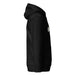 Black hoodie with a green musical note logo and "S" on the chest, side view. Unisex hooded sweatshirt with kangaroo pocket.