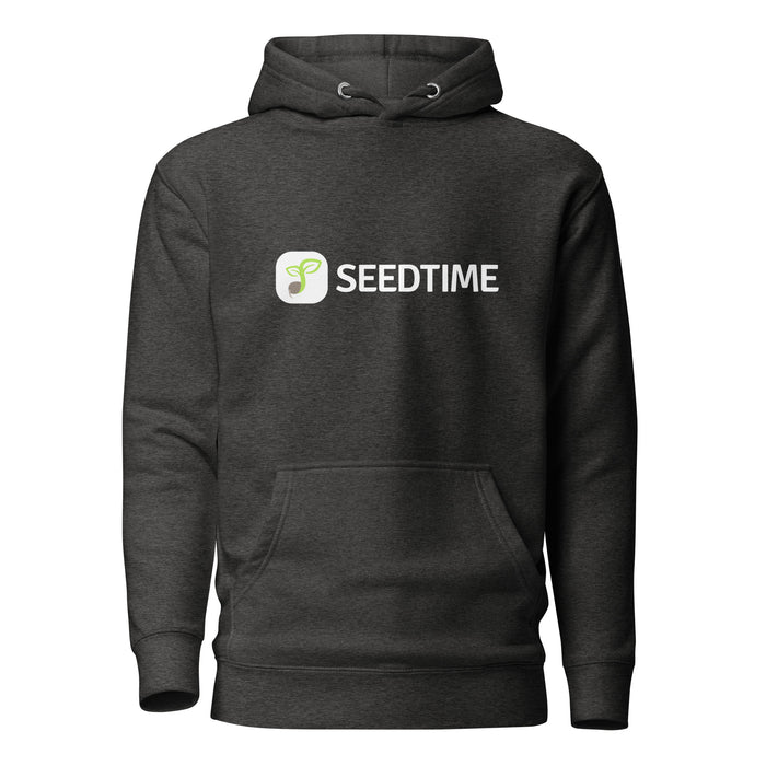 Charcoal heather Seedtime hoodie. White logo with green sprout. Front pouch, comfortable gardening apparel.