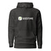 Charcoal heather Seedtime hoodie. White logo with green sprout. Front pouch, comfortable gardening apparel.