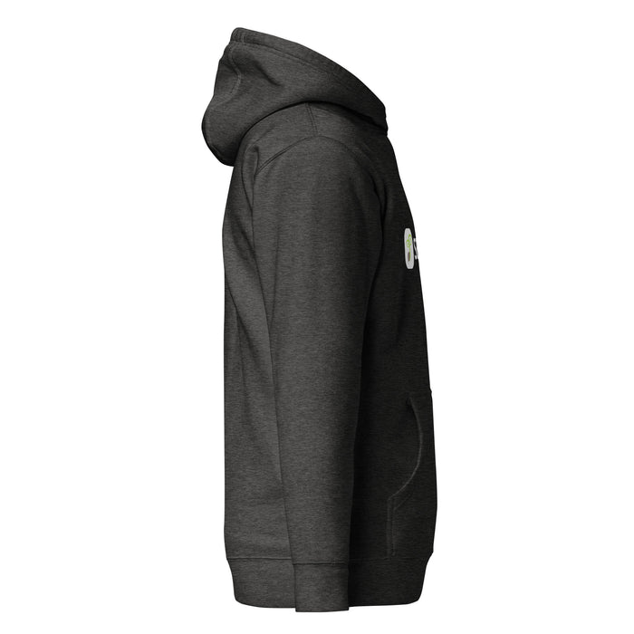 Dark grey heather unisex hoodie. Side view of a comfortable pullover sweatshirt with hood, kangaroo pocket, and subtle green logo.