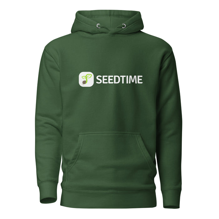 Dark green Seedtime hoodie with white logo and plant sprout icon. Comfortable casual apparel.