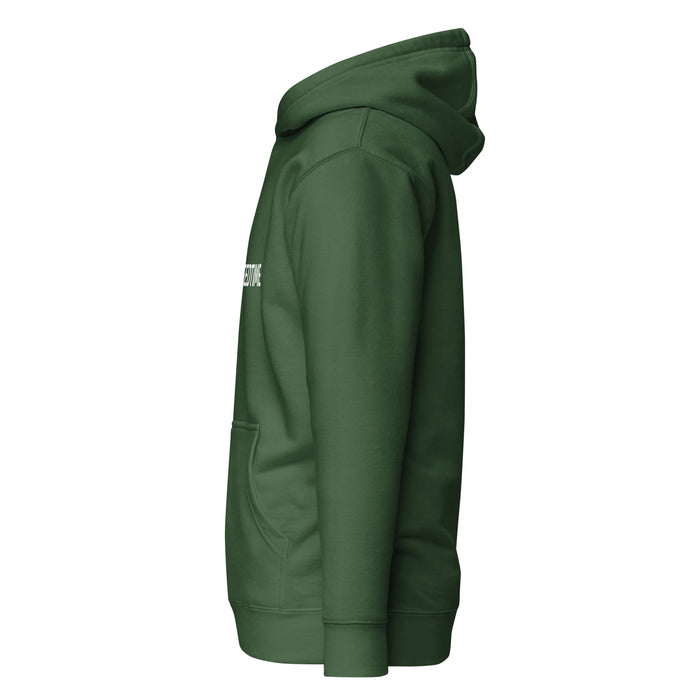 Dark green hoodie, side view, with white 'EDTIME' text on the chest, hood, and front kangaroo pocket. Comfortable unisex apparel.