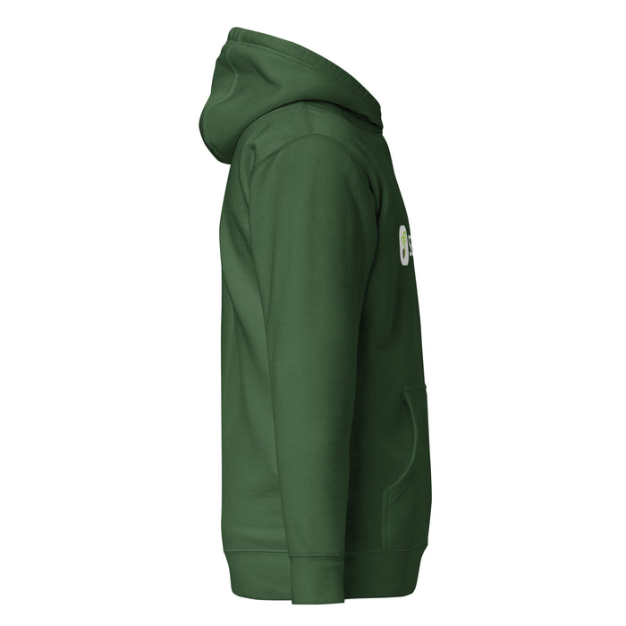 Dark green unisex hoodie, side view. Features a hood, long sleeves, front pocket, and white sprout logo on chest.