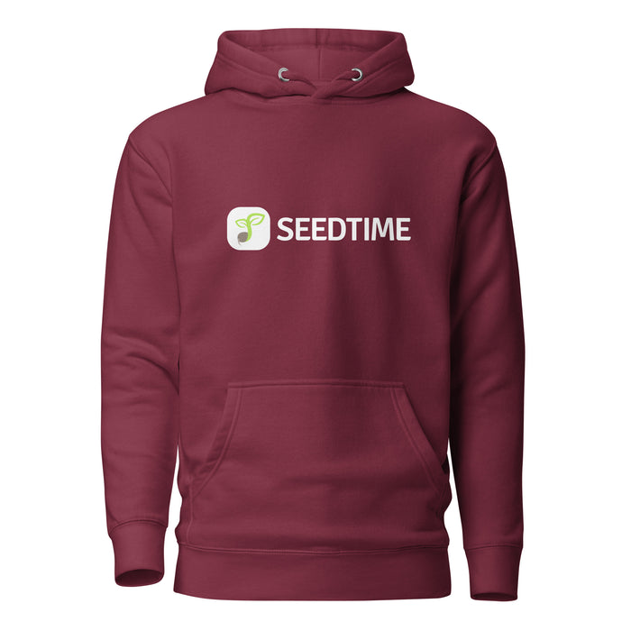 Maroon Seedtime logo hoodie with green sprout icon. Comfortable burgundy sweatshirt apparel.
