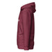 Maroon hoodie, side view. Features white text on chest, hood, front pocket, and ribbed cuffs. Cozy casual wear.
