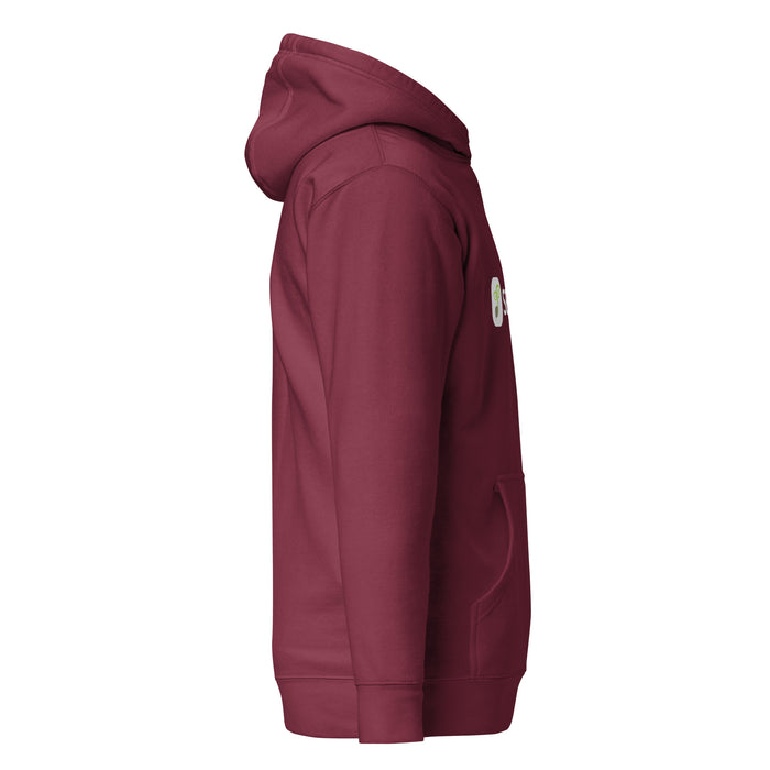 Side view of a maroon hoodie with a hood, front pocket, and ribbed cuffs. Small sprout logo on the left arm.