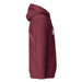 Side view of a maroon hoodie with a hood, front pocket, and ribbed cuffs. Small sprout logo on the left arm.
