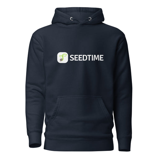 Dark blue Seedtime hoodie with white logo and green sprout icon. Cozy hooded sweatshirt, ideal for gardening enthusiasts.