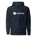 Dark blue Seedtime hoodie with white logo and green sprout icon. Cozy hooded sweatshirt, ideal for gardening enthusiasts.