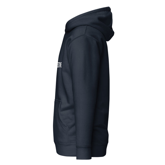 Navy blue hoodie, side view. Unisex dark blue hooded sweatshirt with kangaroo pocket and white 'EDTIME' print.