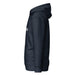 Navy blue hoodie, side view. Unisex dark blue hooded sweatshirt with kangaroo pocket and white 'EDTIME' print.