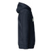 Dark navy blue hoodie with a hood and kangaroo pocket, featuring a subtle green sprout logo on the side.