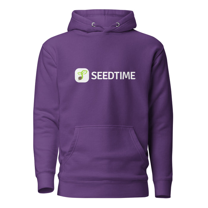 Purple Seedtime logo hoodie, comfortable hooded sweatshirt with a sprout icon and front kangaroo pocket.