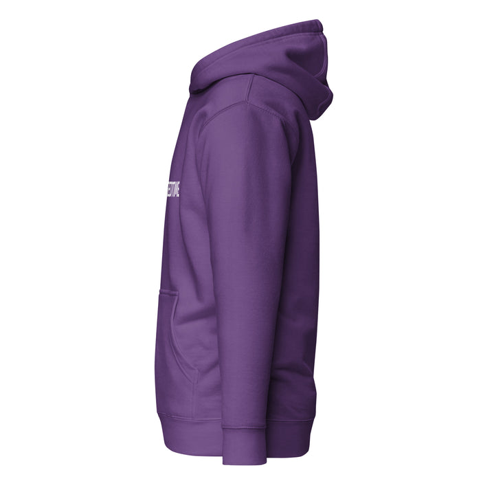 Vibrant purple hoodie, side view. Soft fleece pullover with hood, kangaroo pocket, and ribbed cuffs. White text detail.