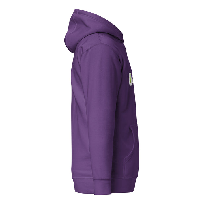 Purple unisex hoodie, side view. Features a partially visible green & white logo, kangaroo pocket, ribbed cuffs & hem.