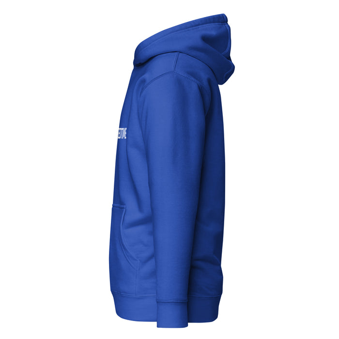Vibrant royal blue pullover hoodie, side profile. White "EDTIME" graphic, hood, kangaroo pocket, ribbed cuffs.
