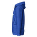 Vibrant royal blue pullover hoodie, side profile. White "EDTIME" graphic, hood, kangaroo pocket, ribbed cuffs.