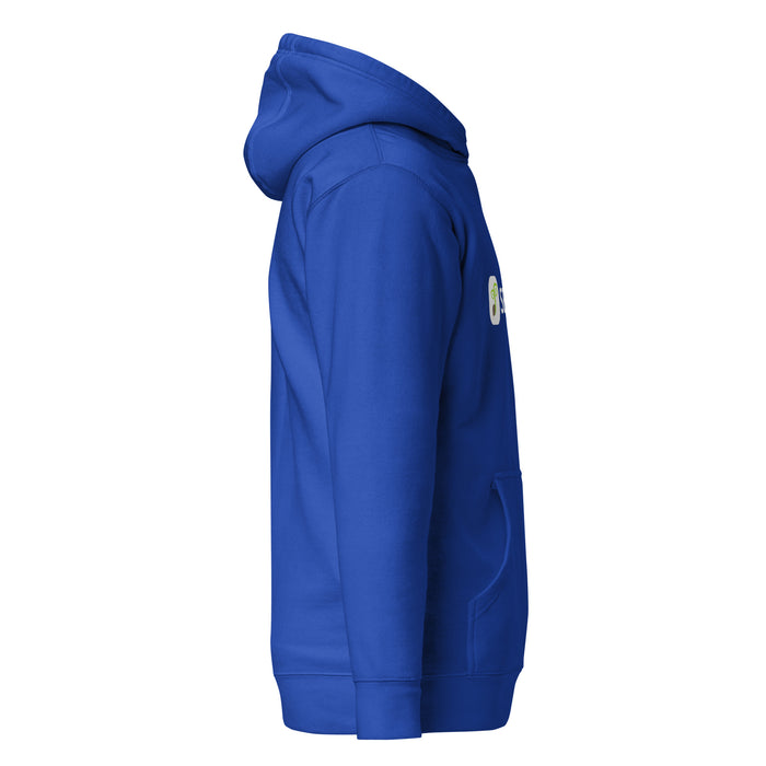 Royal blue hooded sweatshirt with front kangaroo pocket, ribbed cuffs, and a white logo featuring a green sprout.