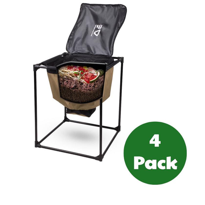 Worm farm composter with active worms, kitchen scraps, and organic soil. Tan fabric bag, black frame. 4 pack.