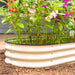 Vibrant red, pink, and purple impatiens flowers bloom in a cream corrugated steel raised garden bed on mulch.