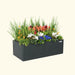 Modern anthracite raised garden planter box filled with vibrant snapdragons, white cyclamen, blue flowers, and green grasses.