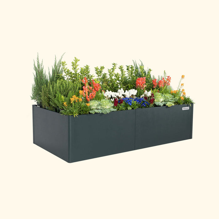 Assorted greenery and colorful flowers in a dark gray Vego Garden raised planter box.