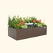 Brown Vego Garden metal planter box filled with lush green plants, vibrant flowers, and ornamental cabbage.