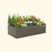 Dark gray Vego Garden metal raised bed with colorful orange, white, blue, red flowers and green foliage.