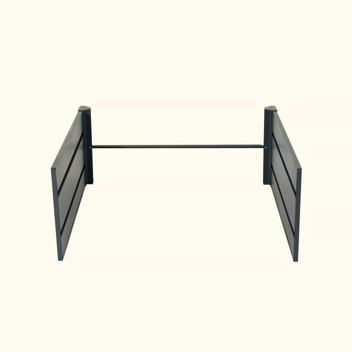 Dark gray slatted garden bed panels with connecting rod for DIY raised planters.