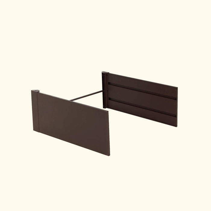 Dark brown modular metal raised garden bed panels with connecting support rod for outdoor assembly.