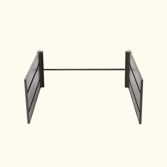 Dark grey metal furniture base with ribbed panels and connecting rod. Modern, industrial support.
