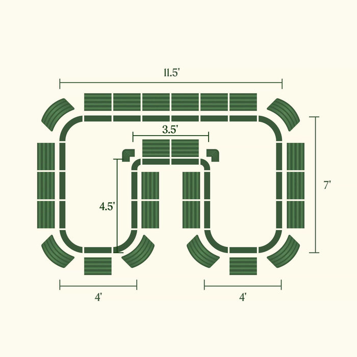 Green modular outdoor sectional sofa layout with dimensions: 11.5' wide x 7' deep, U-shape design.