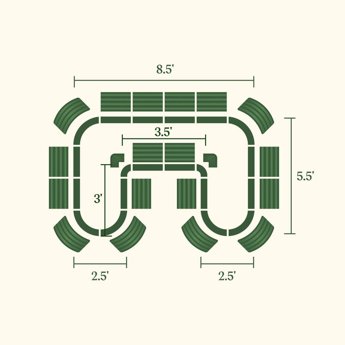 Green modular outdoor sectional sofa layout with dimensions: 8.5' W x 5.5' D. Flexible patio furniture configuration.