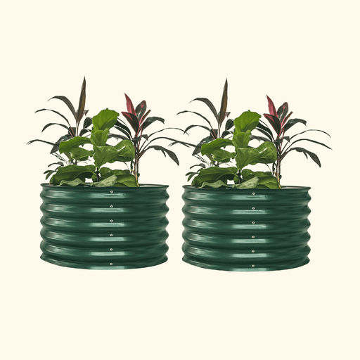 Pair of dark green corrugated metal raised garden beds, filled with vibrant green and reddish foliage plants for outdoor use.