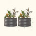 Two dark grey 17"H x 30"W corrugated metal raised garden beds with plants.