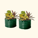 Pair of green corrugated metal raised garden beds with vibrant mixed foliage plants.