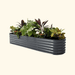 Corrugated dark gray metal raised garden bed with vibrant green, red, yellow, and orange plants. Ideal for outdoor container gardening.