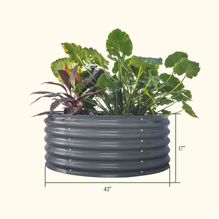 Dark gray 17" H x 42" D round corrugated galvanized steel raised garden bed with diverse plants.