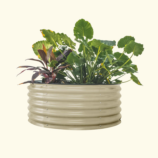 Beige corrugated metal round raised garden bed with lush green and red-leafed plants.