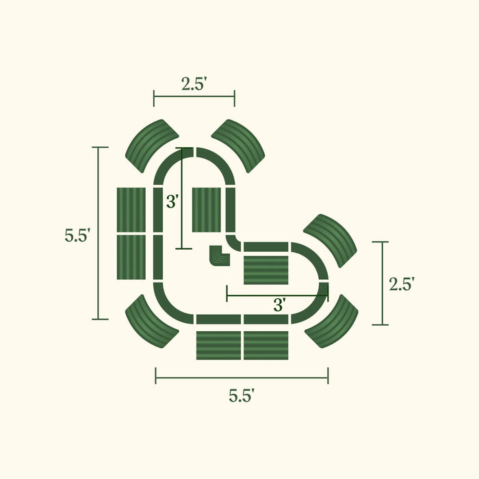 Modular raised garden bed design, 5.5'x5.5' footprint. Features 3' wide path & 2.5' bed sections for backyard gardening.