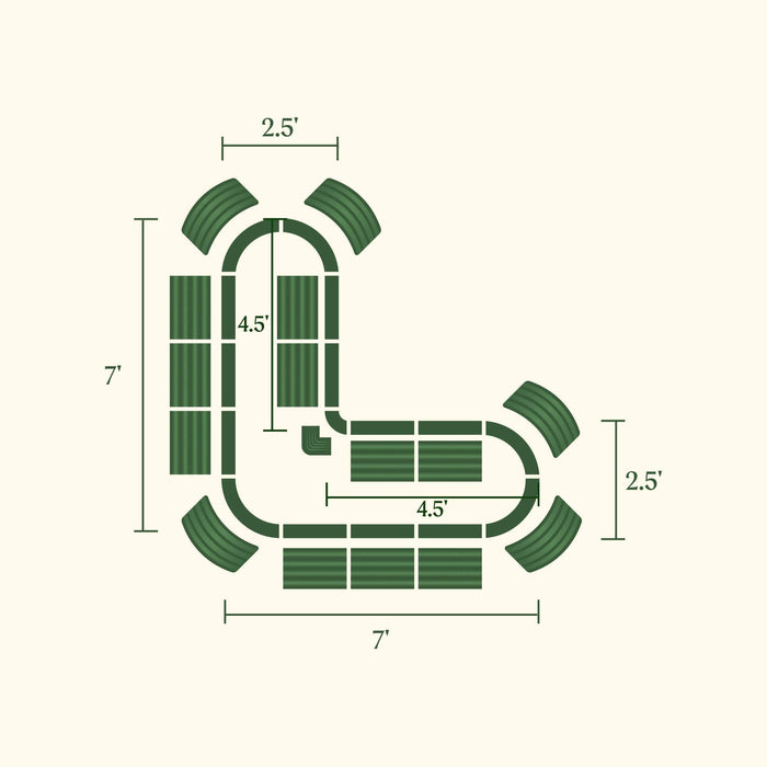 Dark green L-shaped modular raised garden bed layout with 7'x7' dimensions and segment measurements.