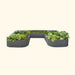 U-shaped corrugated metal raised garden bed filled with vibrant green vegetables like lettuce, kale, and cabbage.
