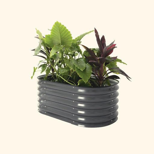 Dark gray corrugated metal oval raised garden bed filled with lush green and red plants.