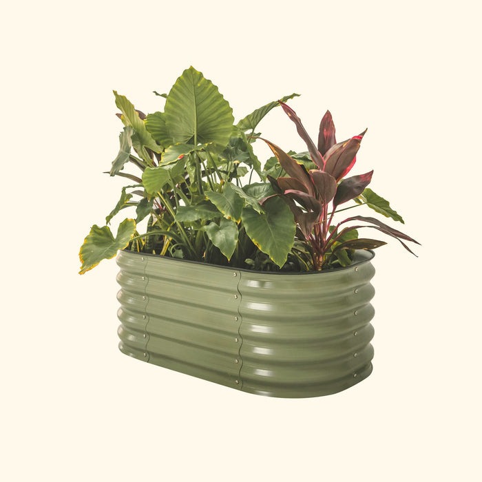 Olive green corrugated steel raised garden bed with diverse plants. Durable outdoor planter for vegetables or flowers.