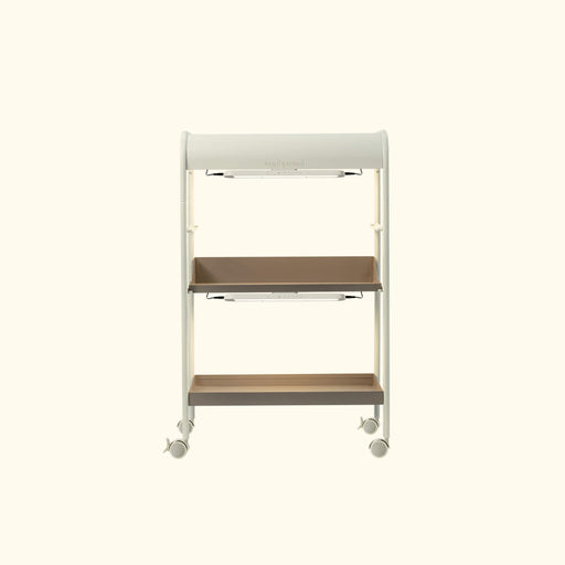 Modern white Vego Garden indoor plant stand with two brown shelves, integrated LED grow lights, and casters.