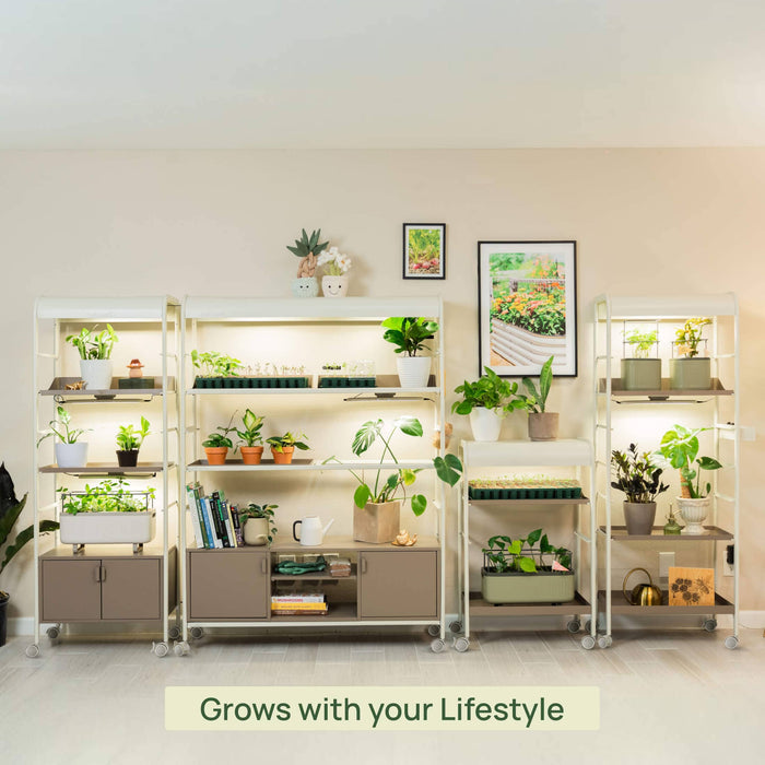 Modular indoor plant growing system with LED grow lights, mobile shelves, and storage for diverse plants.