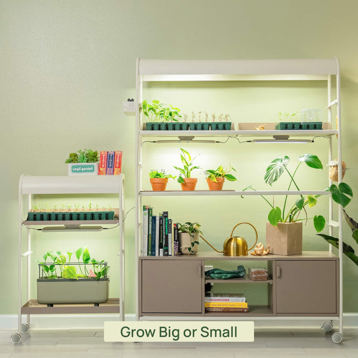 Vego Garden indoor plant stands with LED grow lights. Large vertical shelving unit & small rolling hydroponic system for diverse plants & seedlings.