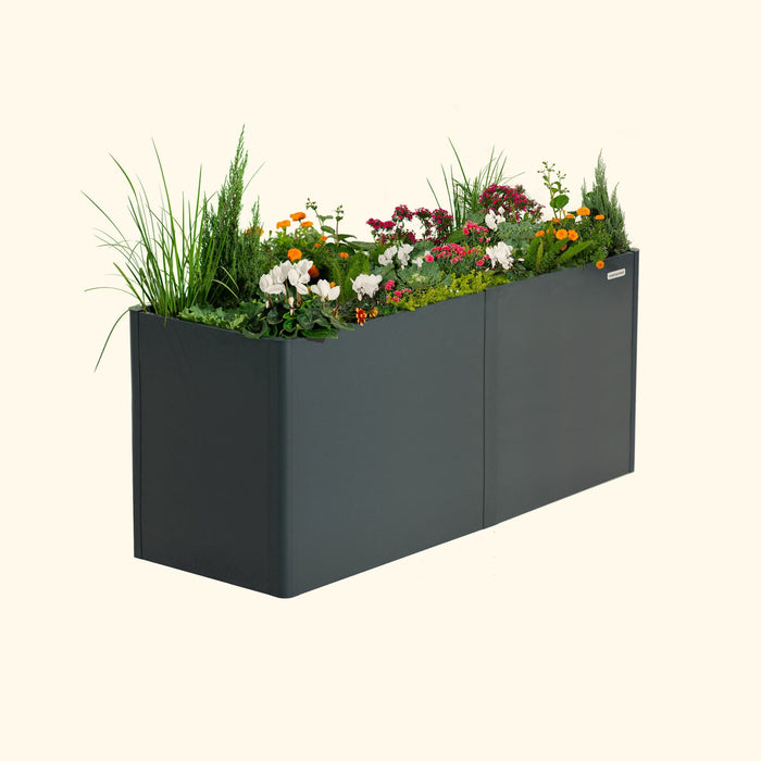 Dark grey modular planter box filled with white cyclamen, orange marigolds, pink flowers, and various green plants.